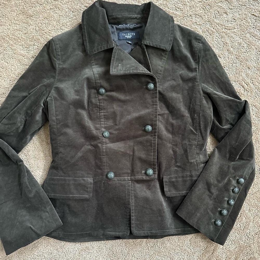 Talbots Dark Olive Blazer military double breasted, vintage shiny buttons
